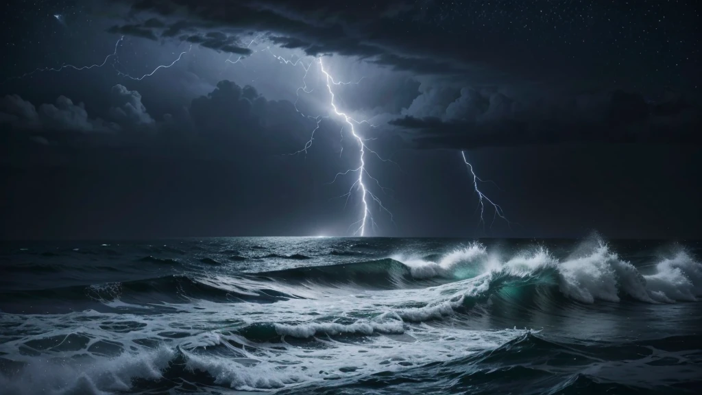 roughest ocean possible in a lightning storm, with the giant and visible moon lighting up the night sky