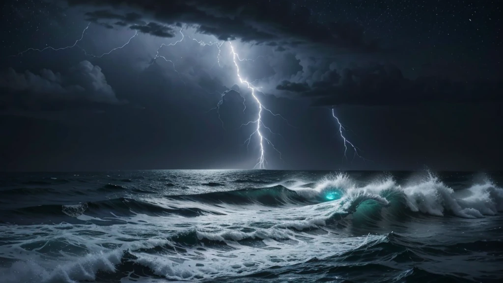 roughest ocean possible in a lightning storm, with the giant and visible moon lighting up the night sky