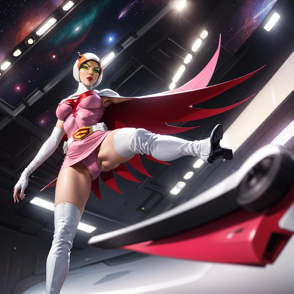 ANI_CLASSIC_jun_gatchaman_ownwaifu,1girl, ,good anatomy, masterpiece, best quality,realistic, hyperrealistic, 16k hdr, long hair,breaen eyes,lips,large breasts,lipakeup,gloves,cape,helmet,belt,elbow gloves,white gloves,mask,ultra miniskirt,leotard,spacesuit,white tight overknee highheels boots,pink dress,superhero,bodysuit,cleavage,erected nsexy pose below:1read legs1),cameltoe