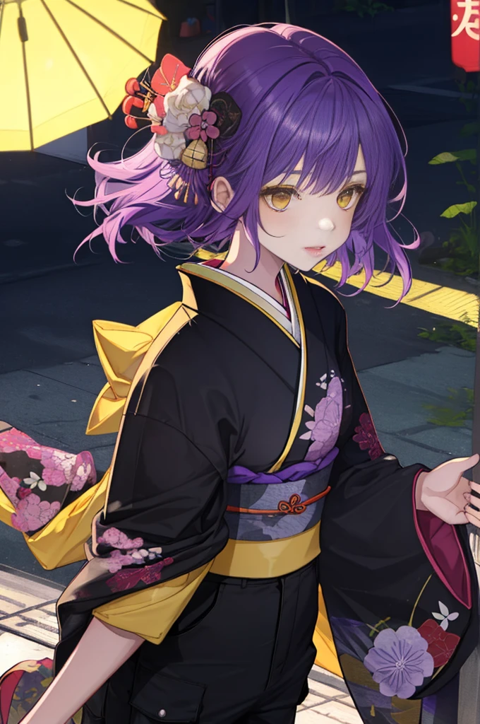 adolescent, purple hair, yellow eyes, using a kimono for children, black cargo pants