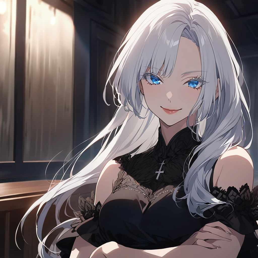 ((best quality)), ((highly detailed)), masterpiece, (detailed eyes, deep eyes), (1girl), upper body, ((ghost-girl)), ((undead)), ((pale skin:1.3)), ((white colored hair:1.3)), (eye bags), (monstergirl), flowing ((black dress)), small breasts, wide hips, ((crazy grin)), ((mausoleum)), fog, (inside, at a gym), <lora:Kanta077StyleV1:.6>
