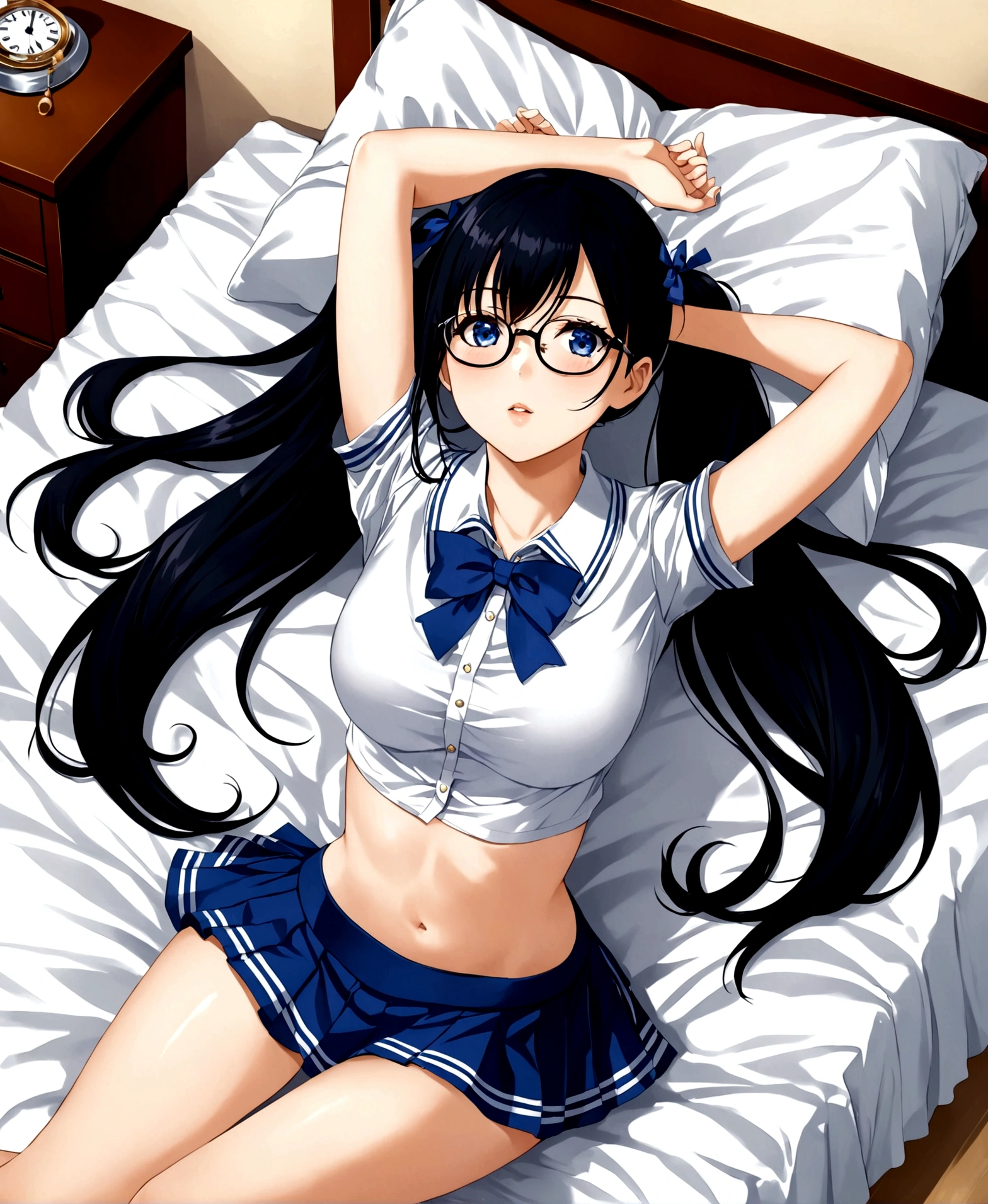 a highschool student, 17 years old, lying in bed, looking up at the ceiling, aerial view, stretching her arms, bending her legs, nostalgic, dark blue , blouse, jacket, folded mini-skirt, extremely long black hair combed in two pigtails, blue almond-shaped eyes, white skin, hourglass body, shapely legs, large breasts, medium hips, medium waist, glasses, bows in pigtails,