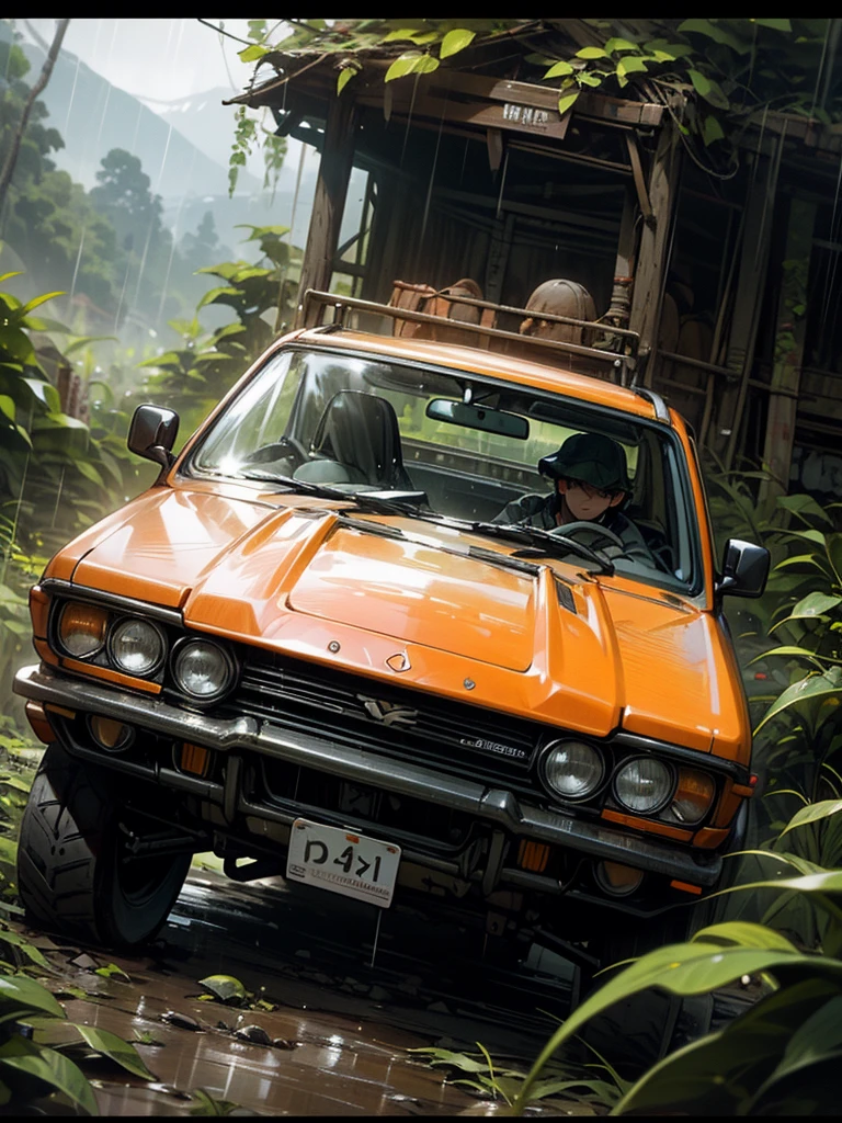 A rugged orange 4x4 vehicle drives through a muddy, rocky path in a lush, green jungle. Rain is falling, and the vehicle is covered in mud. The image is framed by tall trees and mountains in the distance. Write without spelling mistake, The text "ONE LIFE LIVE IT" is superimposed on the image.The mood is adventurous and exciting. The style is realistic and cinematic, with a focus on the vehicle and the natural beauty of the surroundings. The image is shot from a low angle, emphasizing the size and power of the vehicle. The lighting is soft and natural, with a focus on the rain and the lush greenery. The colors are vibrant and saturated, with a focus on the orange of the vehicle and the green of the jungle. The image is rendered in high detail, with a focus on the texture of the mud and the leaves. The background is blurred, drawing the viewer's attention to the vehicle and the path ahead.