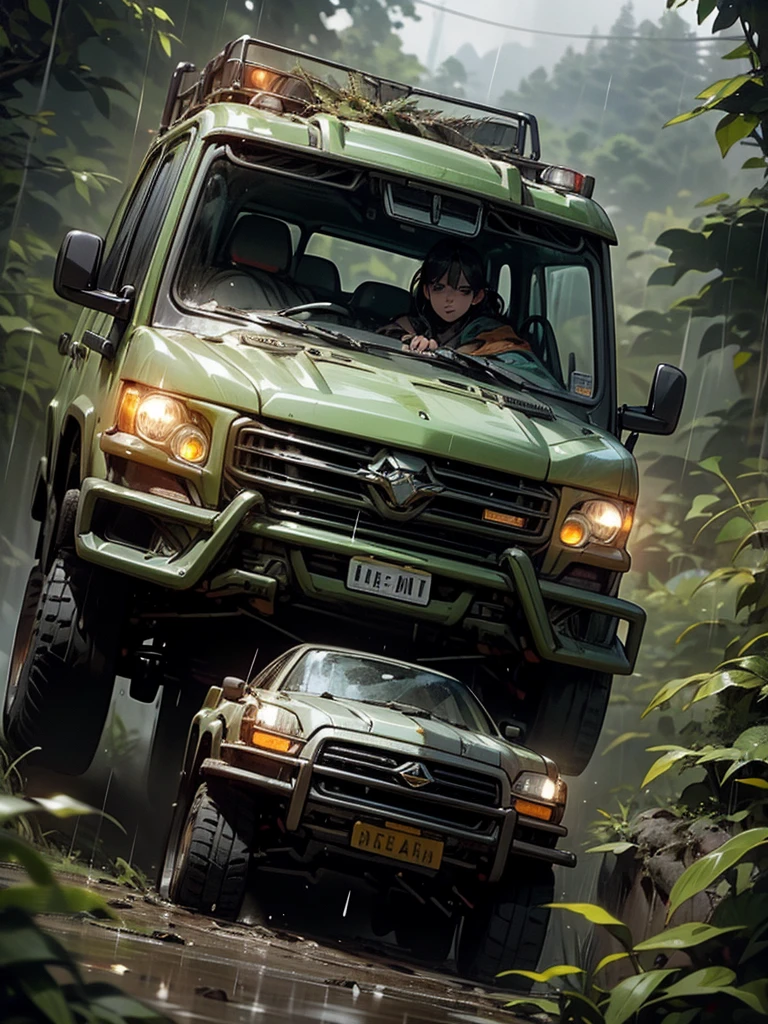 A rugged orange 4x4 vehicle drives through a muddy, rocky path in a lush, green jungle. Rain is falling, and the vehicle is covered in mud. The image is framed by tall trees and mountains in the distance. Write without spelling mistake, The text "ONE LIFE LIVE IT" is superimposed on the image.The mood is adventurous and exciting. The style is realistic and cinematic, with a focus on the vehicle and the natural beauty of the surroundings. The image is shot from a low angle, emphasizing the size and power of the vehicle. The lighting is soft and natural, with a focus on the rain and the lush greenery. The colors are vibrant and saturated, with a focus on the orange of the vehicle and the green of the jungle. The image is rendered in high detail, with a focus on the texture of the mud and the leaves. The background is blurred, drawing the viewer's attention to the vehicle and the path ahead.