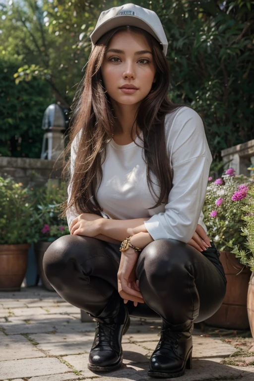best quality, 4k, 8k, highres, masterpiece:1.2), ultra- detailed, (realistic, photorealistic, photo -realistic:1. 37), woman, full body, long black hair, detailed face, woman with long brown hair and perfect face), por trait sophie mudd, thick ash brown hair and large ey es, extremely beautiful face, aquiline nose, glossy II ps, anna nikonova aka newmilky, very pretty model, very pretty face, very beautiful girl, beautiful model girl, dasha taran, beautiful model, very beautiful fac e, beautiful girl model, flawless face, ultra beautiful A model poses In the garden, she wears black pants ripped at the knees, paired with a casual grey shirt. Her brunette hair is styled in a high ponytail, peeking out from under a white cap. She accessorizes with a pair of round sunglasses, a chunky silver bracelet, and a leather backpack. She completes her look with sturdy black boots. She kneels down, gently tending to the blooming flowers, a serene smile on her face.