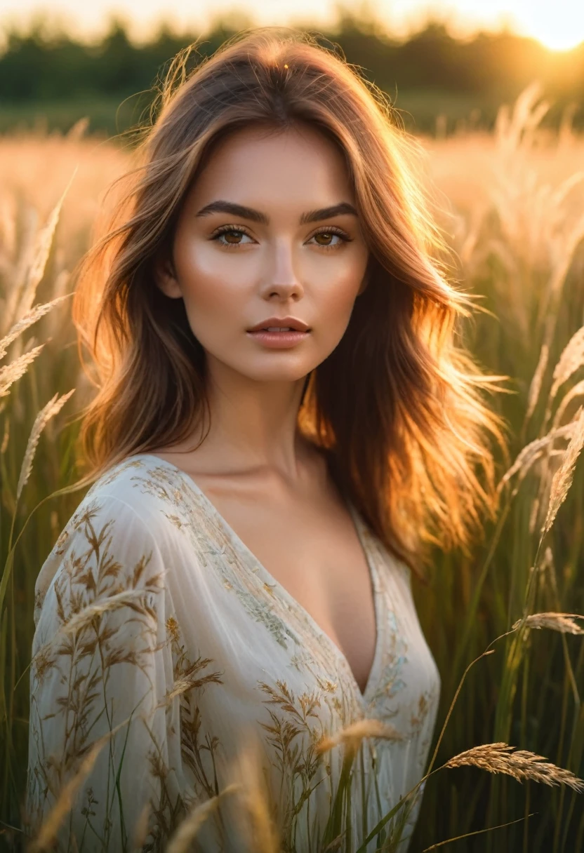 a woman standing in a field of tall grass with the sun setting, gorgeous woman, cinematic beautiful natural skin, attractive woman, attractive girl, photo of a beautiful woman, gorgeous attractive face, extremely beautiful face, in a field, beautiful female model, portrait of a beautiful model, soft portrait shot 8 k, beautiful delicate face, a beautiful young woman, attractive beautiful face