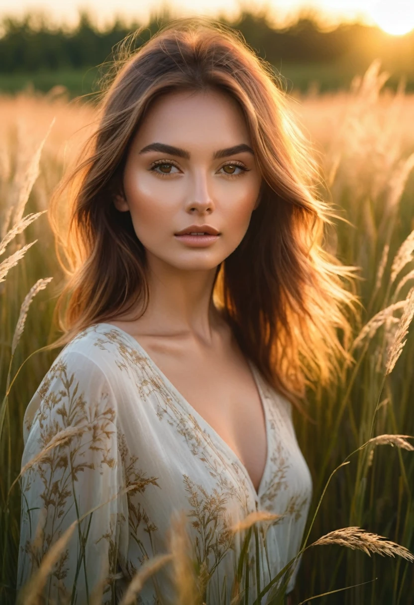 a woman standing in a field of tall grass with the sun setting, gorgeous woman, cinematic beautiful natural skin, attractive woman, attractive girl, photo of a beautiful woman, gorgeous attractive face, extremely beautiful face, in a field, beautiful female model, portrait of a beautiful model, soft portrait shot 8 k, beautiful delicate face, a beautiful young woman, attractive beautiful face