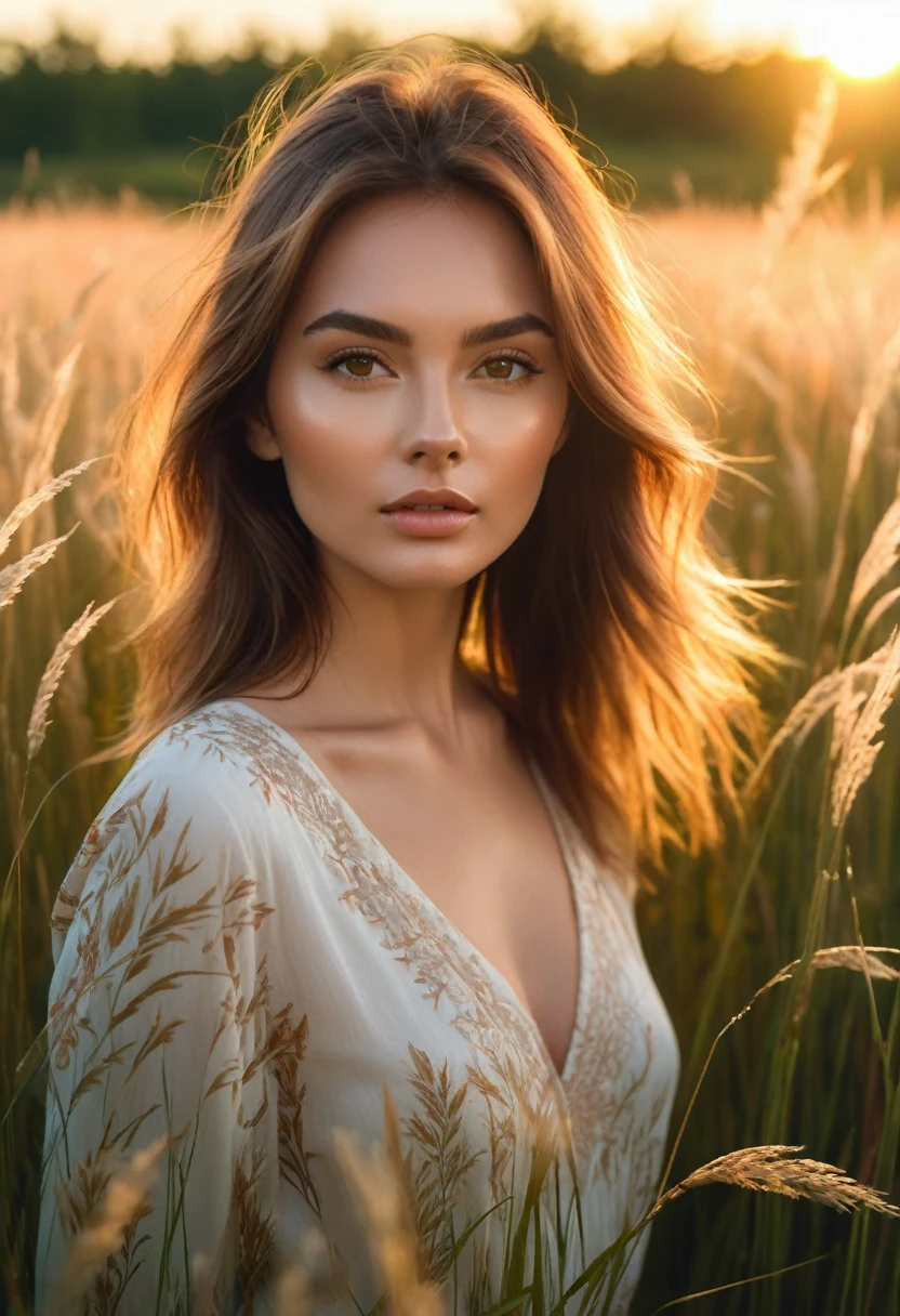 a woman standing in a field of tall grass with the sun setting, gorgeous woman, cinematic beautiful natural skin, attractive woman, attractive girl, photo of a beautiful woman, gorgeous attractive face, extremely beautiful face, in a field, beautiful female model, portrait of a beautiful model, soft portrait shot 8 k, beautiful delicate face, a beautiful young woman, attractive beautiful face