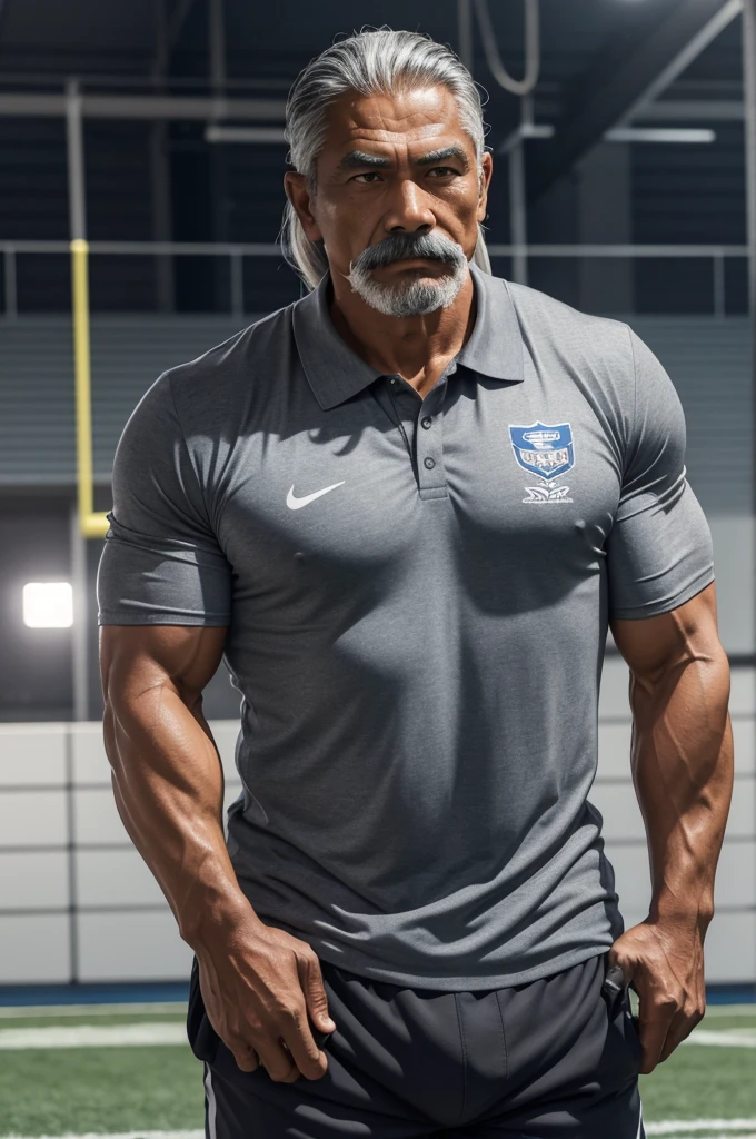 man from samoa, 60 years old, very muscular body, long gray hair, football coach, thin moustache, at a football field, wearing gray polo shirt and gray pants, many tribal tattoos, heroic pose
