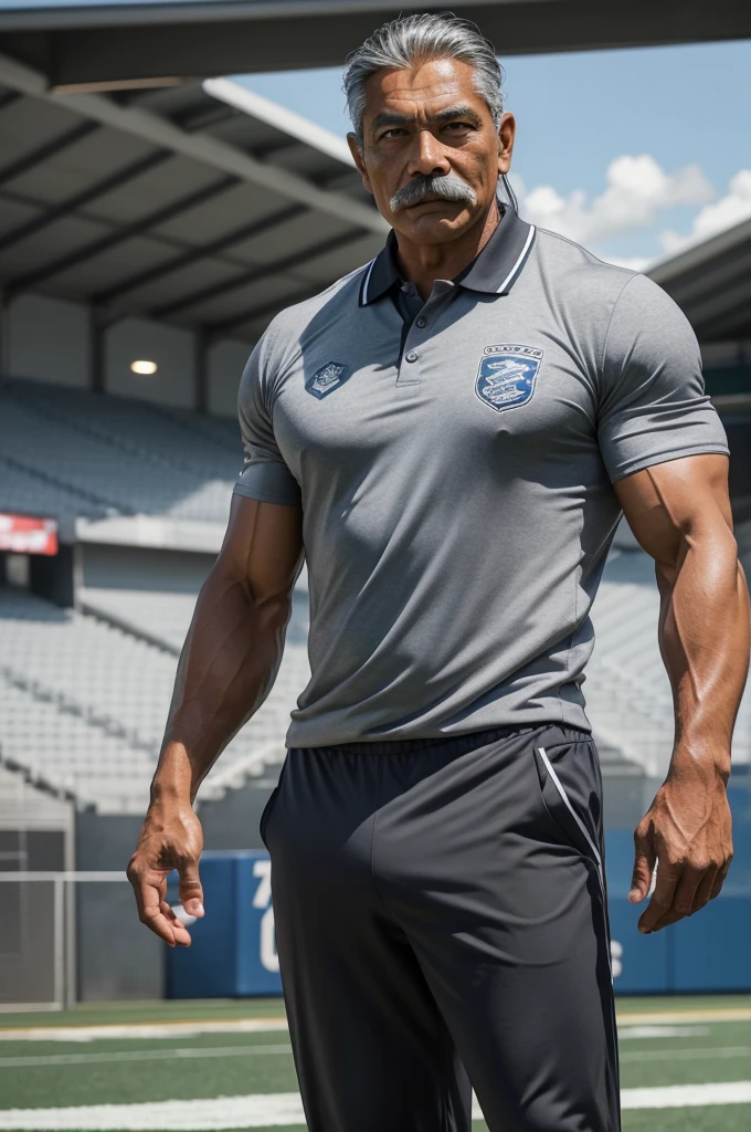 man from samoa, 60 years old, very muscular body, long gray hair, football coach, thin moustache, at a football field, wearing gray polo shirt and gray pants, many tribal tattoos, heroic pose