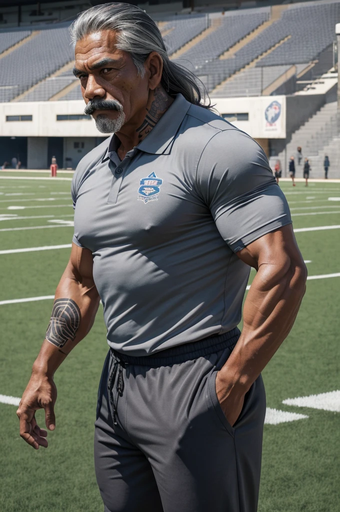 man from samoa, 60 years old, very muscular body, long gray hair, football coach, thin moustache, at a football field, wearing gray polo shirt and gray pants, many tribal tattoos, heroic pose