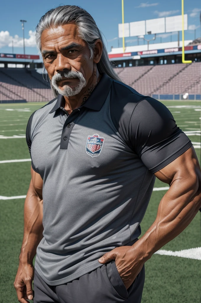 man from samoa, 60 years old, very muscular body, long gray hair, football coach, thin moustache, at a football field, wearing gray polo shirt and gray pants, many tribal tattoos, heroic pose