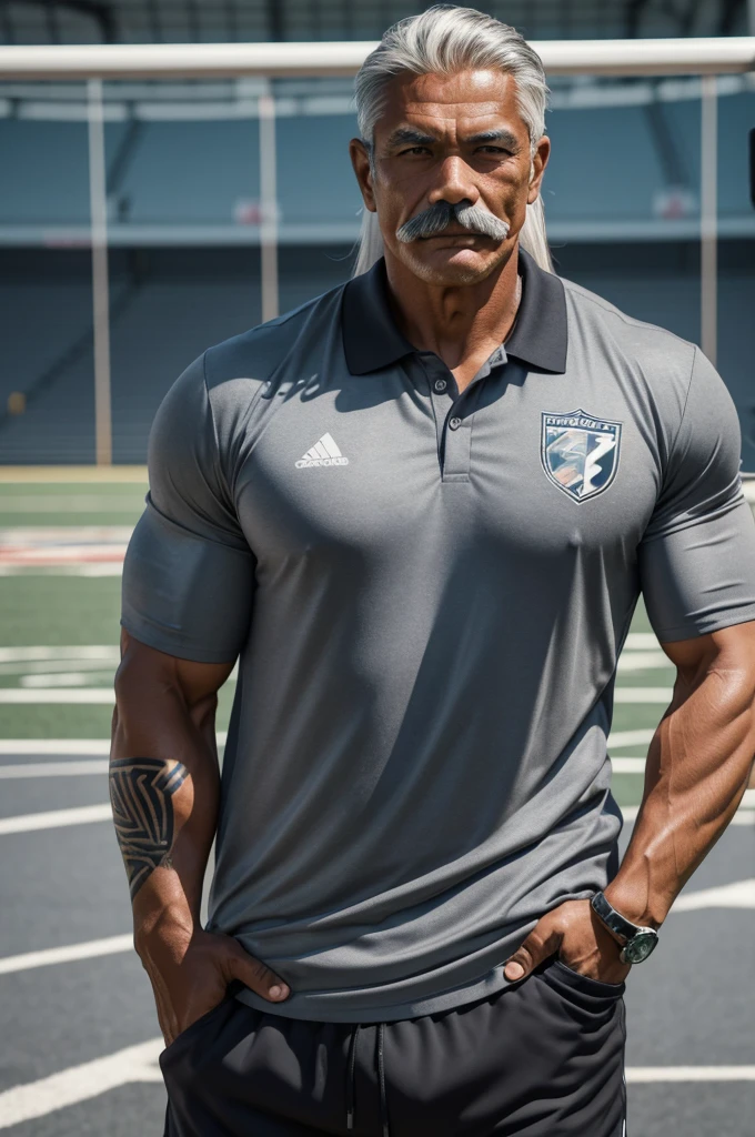 man from samoa, 60 years old, very muscular body, long gray hair, football coach, thin moustache, at a football field, wearing gray polo shirt and gray pants, many tribal tattoos, heroic pose