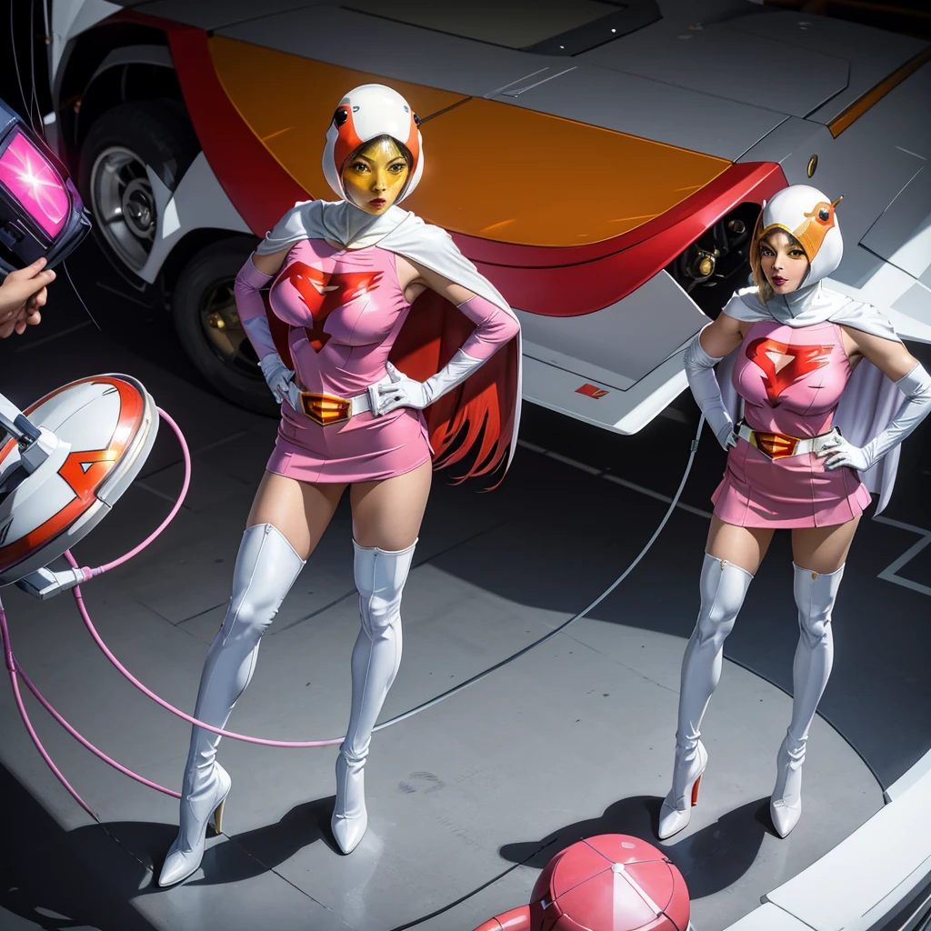 ANI_CLASSIC_jun_gatchaman_ownwaifu,1girl, ,good anatomy, masterpiece, best quality,realistic, hyper realistic, 16k hdr, long hair,breasts,lips,large breasts,lipstick,makeup,gloves,cape,helmet,belt,elbow gloves,white gloves,mask,ultra miniskirt,leotard,spacesuit,white tight overknee highheels boots,pink dress,superhero,bodysuit,cleavage,erected nipples,(stand pose,hands on hip),(spread legs:1.1),cameltoe