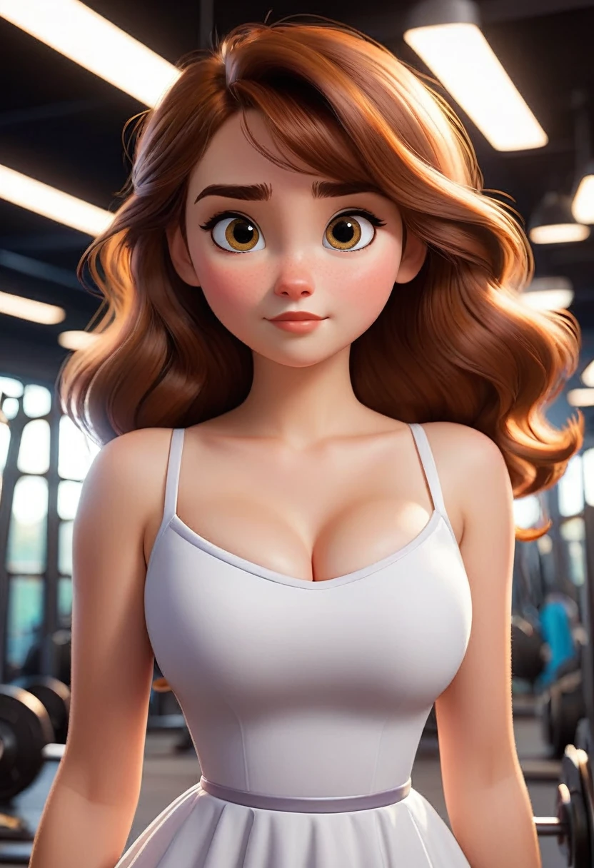 (disney pixar style:1.2) (cute adorable girl:1.1) (adult aged 20:1.), White, hazel eyes, wearing a moderndress, big breasts, in gym, standing with her boyfriend