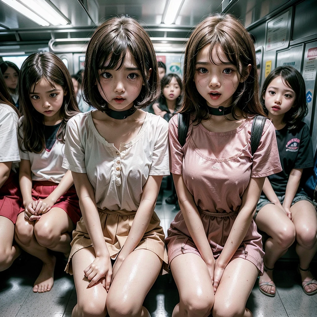 3 scared girls sitting on their knees in a crowded subway age 6 years 8 years and 12 years, beautiful and cute, 6 years old big hair down to the waist looks innocent crying open mouth view the viewer wet school clothes white blouse flat breasts small nipples through blouse mini skirt backpack on the floor, 8 years old mini blouse Blanca wet tight medium breasts nipples through the blouse puffy pink micro tight latex skirt, 12 years old bob hair short tight red dress huge breasts careless pink nipples super short dress sad look received bukkake.
