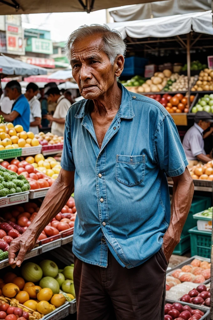 A old person standing on the market and feel very bad, weather is also very hot, a old person is very poor and feel very hot real image