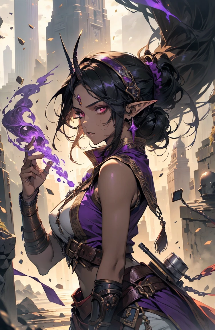 brown skin, older woman, sexy, tall, brown skin, one wing, black hair, elf, elf ears, horns, red eyes, sleeveless, warrior, purple, dramatic composition