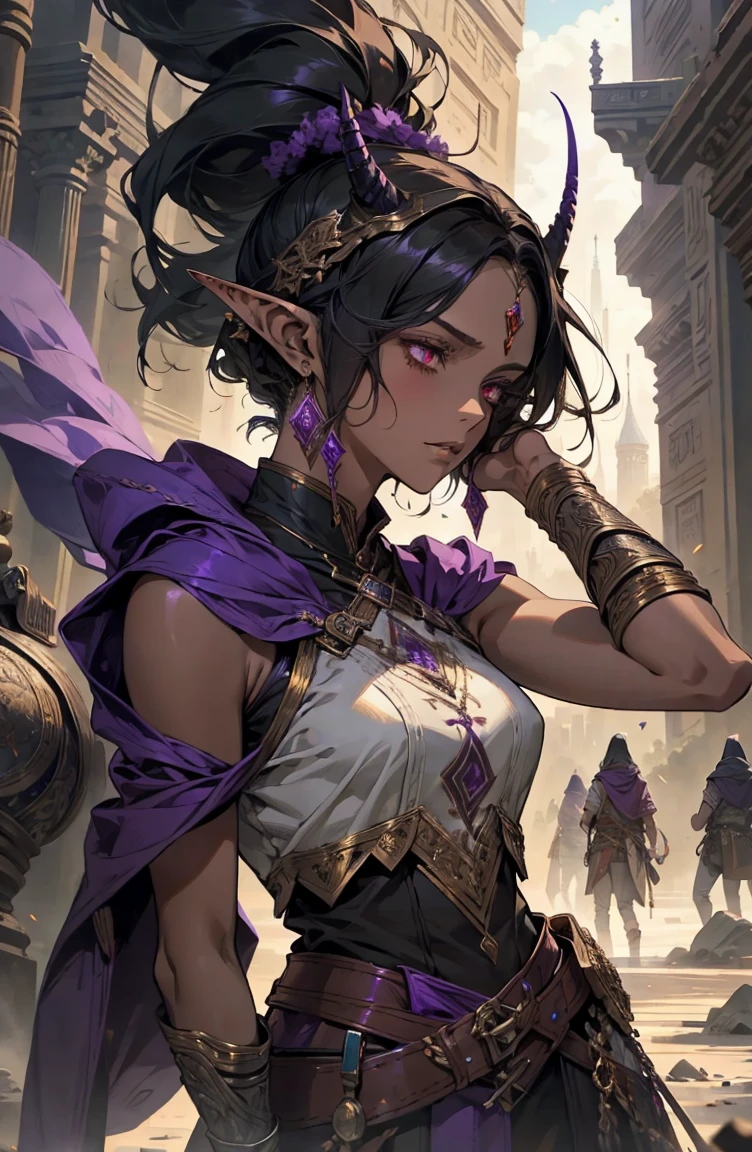 brown skin, older woman, sexy, tall, brown skin, one dragon wing, black hair, elf, elf ears, horns, dark clothing, purple clothing