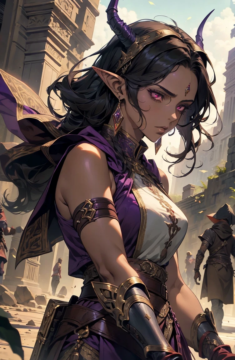brown skin, older woman, sexy, tall, brown skin, one wing, black hair, elf, elf ears, horns, red eyes, sleeveless, warrior, purple, dramatic composition