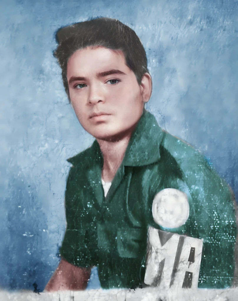 painting of a boy in a green shirt holding a baseball bat, a colorized photo, colorized background, colorized photo, colorized photograph, colourized, award winning colorized photo, coloured photo, color portrait, digitally painted, [ digital art ]!!, colored photo, colorized pencil sketch, drawn with photoshop, colorized, inspired by Agustín Fernández