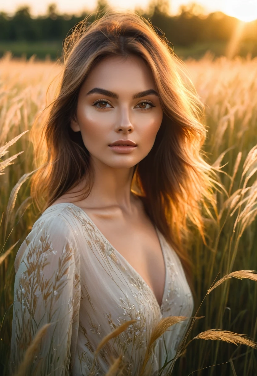 a woman standing in a field of tall grass with the sun setting, gorgeous woman, cinematic beautiful natural skin, attractive woman, attractive girl, photo of a beautiful woman, gorgeous attractive face, extremely beautiful face, in a field, beautiful female model, portrait of a beautiful model, soft portrait shot 8 k, beautiful delicate face, a beautiful young woman, attractive beautiful face