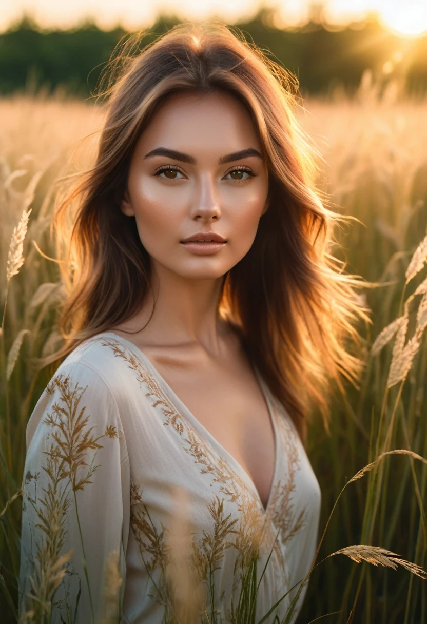 a woman standing in a field of tall grass with the sun setting, gorgeous woman, cinematic beautiful natural skin, attractive woman, attractive girl, photo of a beautiful woman, gorgeous attractive face, extremely beautiful face, in a field, beautiful female model, portrait of a beautiful model, soft portrait shot 8 k, beautiful delicate face, a beautiful young woman, attractive beautiful face
