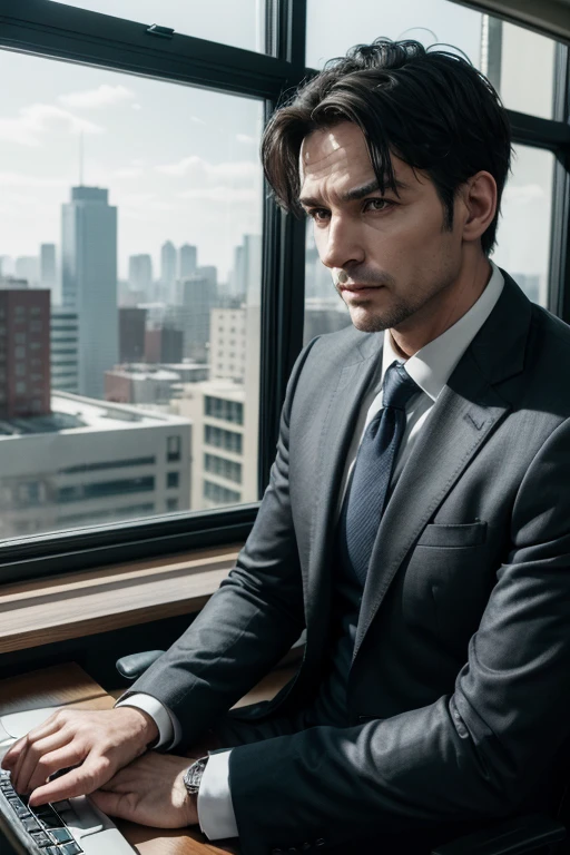(absurderes, high resolution, ultra detaild), 1 men, grown-up, 45 years old, bonitas, tall, muscular face, broadshouldered, finely-detailed eyes, short black hair, eyes browns, suit and ties, sitting in a fancy office chair behind a black desk with his state-of-the-art laptop open in front of him, inside an office with large glass windows, looking like the buildings outside, there is plenty of sunlight in the room