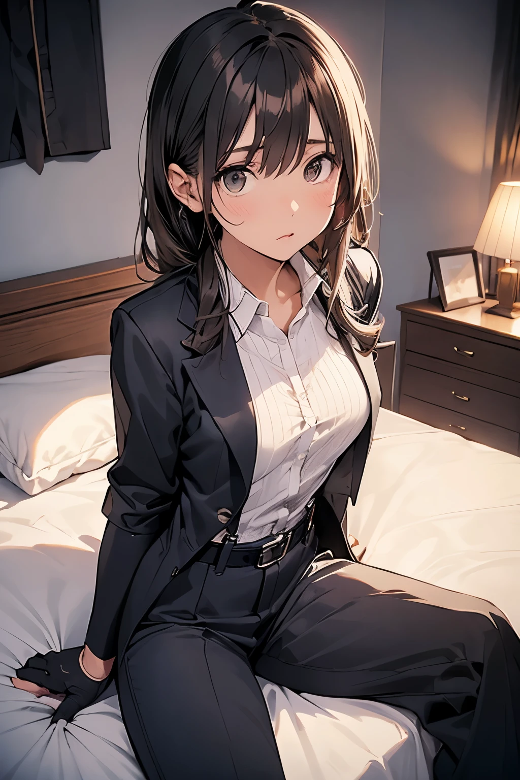 suspenders Moderate breasts Small face holster Beautiful woman Lying in bed Looking up Sweat belt summer 脇Sweat Black Hole Gloves suit shirt Black jacket Black trousers Leg Links ズボンにbelt No bra holster Nipples show through the top of clothes