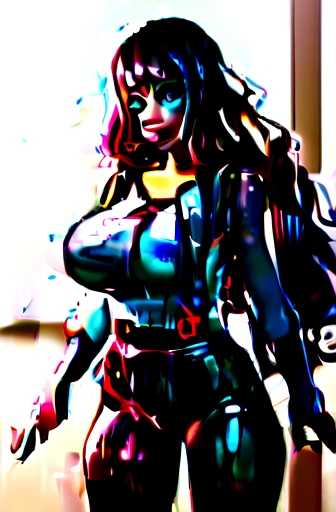 (Masterpiece, Photorealistic, high resolution), ((1girll):1.2), Korean, ((black wavy hair):1.3), (heterochromatic eyes:1.1,square glasses, Thick eyebrows, small moles under eyes), (Loose white shirt, black fitness shorts), ((medium of breast):1.2, enormous thigh), in office, Leather shorts,
