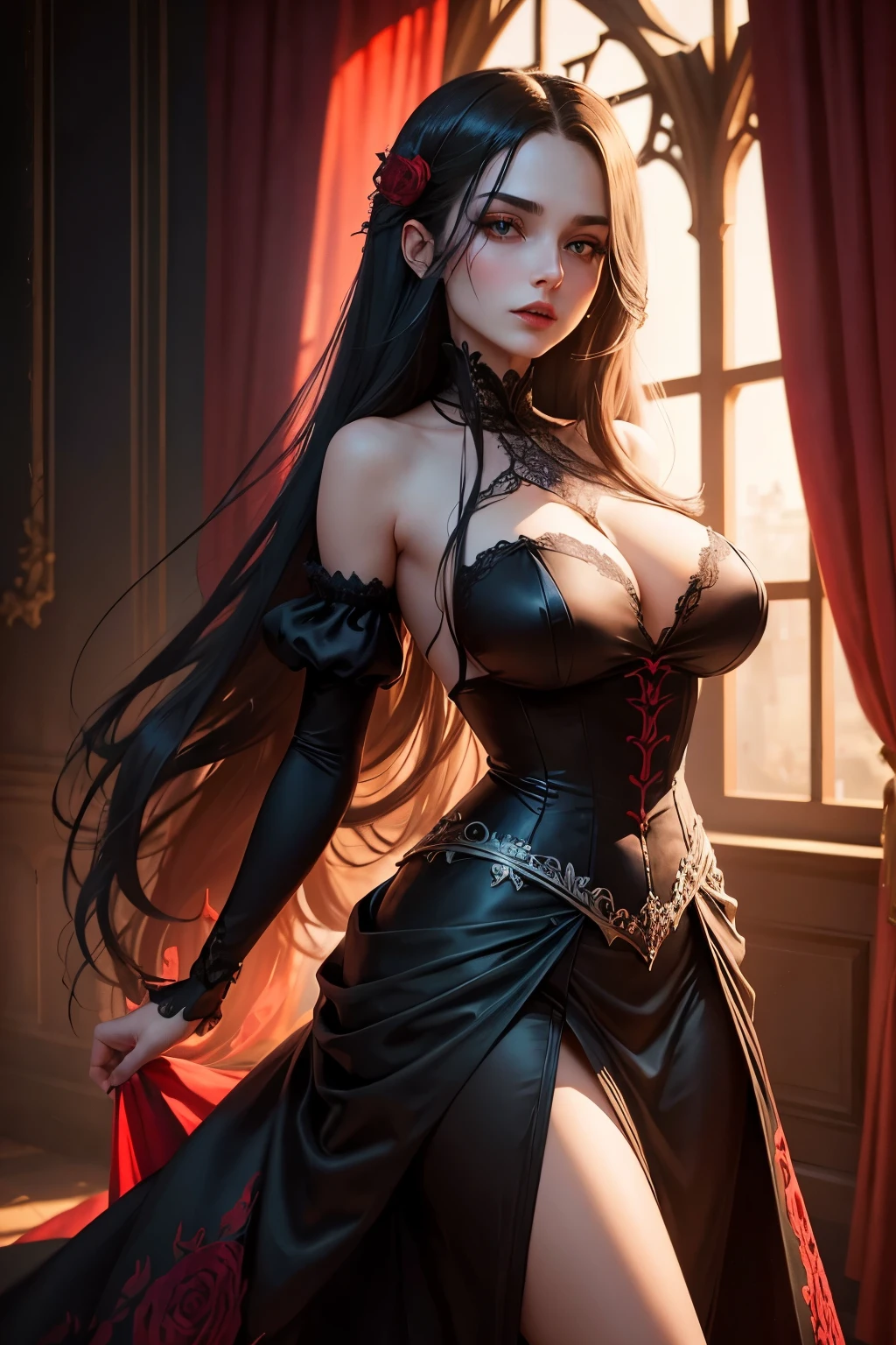 A beautiful vampire with fascinating emerald green eyes, charming pale skin, and lush blood red lips. Her youthful appearance radiates an eternal charm, emphasized by its long, flowing ebony hair. She has an ethereal aura, radiates mystery and fascination.
The action takes place in the heart of Transylvania, Romania, where an old castle stands in the moonlit night. The castle stands high, adorned with Gothic architecture and decorated with intricate carvings. The surrounding landscape is shrouded in an eerie fog, Creating an atmosphere of unearthly enchantment.
When the vampire steps out of the shadows, She wears an opulent Victorian-style dress, perfectly equipped. The dress envelops her slim figure, emphasizes her graceful silhouette. It is made of the finest silk and lace, radiates timeless elegance.
The moonlight casts a gentle shimmer on the vampire's porcelain skin, illuminating her delicate features. Your eyes, decorated with long, feather-soft eyelashes, Captivate everyone, who dare, to meet her gaze. They reflect a touch of darkness, that lurks within her, but also radiate a deep melancholy.
Around them, a bouquet of purple roses blooms in the moonlit garden. Their petals glitter with dewdrops, symbolizes the duality of beauty and danger. The scent of her intoxicating fragrance fills the air, arouse a feeling of temptation and desire.
The artwork depicts the scene with the utmost attention to detail and realism. Every brush stroke captures the essence of the vampire, shows the finest craftsmanship and skill. The colors used in the painting convey a feeling of deep fullness, with bright red tones in contrast to dark, evocative hues.
The lighting of the artwork is finely balanced, casts shadows, that give the scene depth and dimension. Moonlight falls through the castle windows, throws and