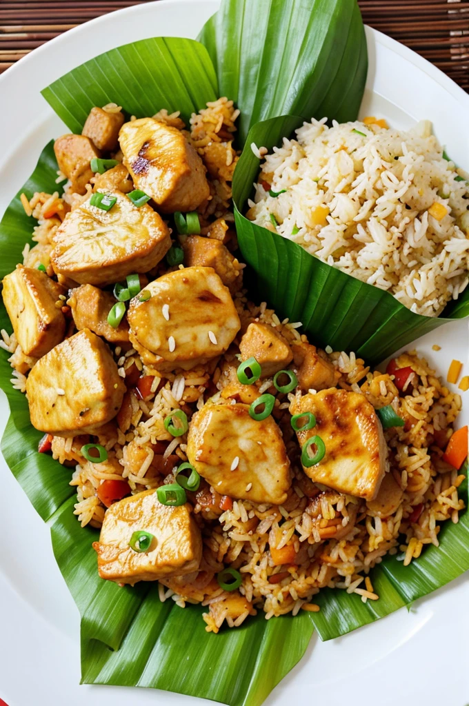 Fried rice and butter chicken in banana leaf