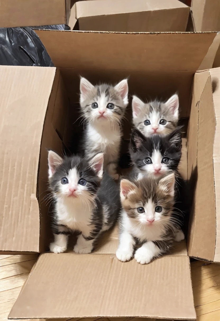 In this photo、The photo shows five kittens in a cardboard box.。The kittens are lined up on the floor。It's connected like a train。From left to right、Each cat has a different coat color and pattern.。This scene, placed on a wooden floor in a room,、It's very unique and cute。