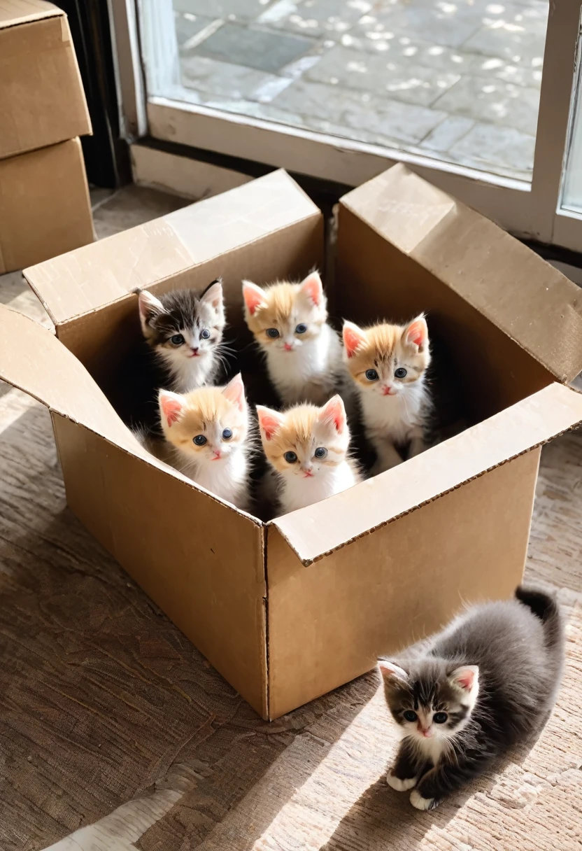 In this photo、The photo shows five kittens in a cardboard box.。The kittens are lined up on the floor。It&#39;s connected like a train。From left to right、Each cat has a different coat color and pattern.。This scene, placed on a wooden floor in a room,、It&#39;s very unique and cute。