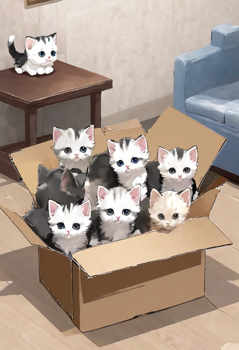 In this photo、The photo shows five kittens in a cardboard box.。The kittens are lined up on the floor。It's connected like a train。From left to right、Each cat has a different coat color and pattern.。This scene, placed on a wooden floor in a room,、It's very unique and cute。