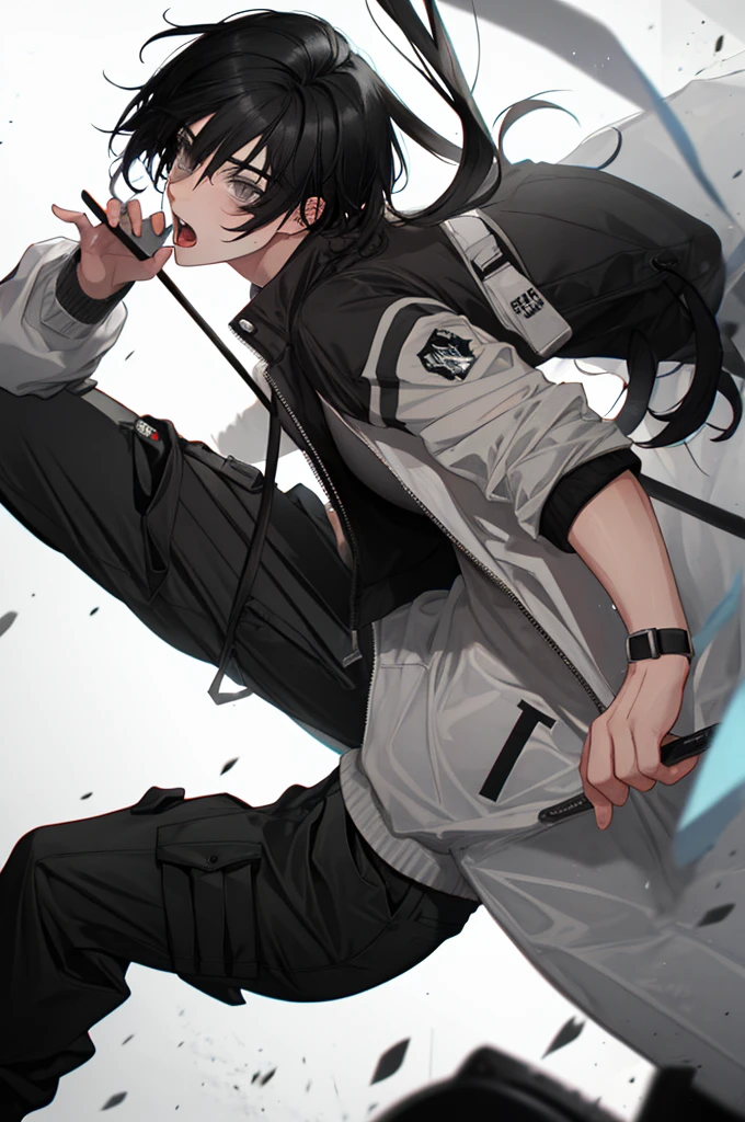 naughty man, black hair, gray eyes, wearing a white jersey jacket, black cargo pants