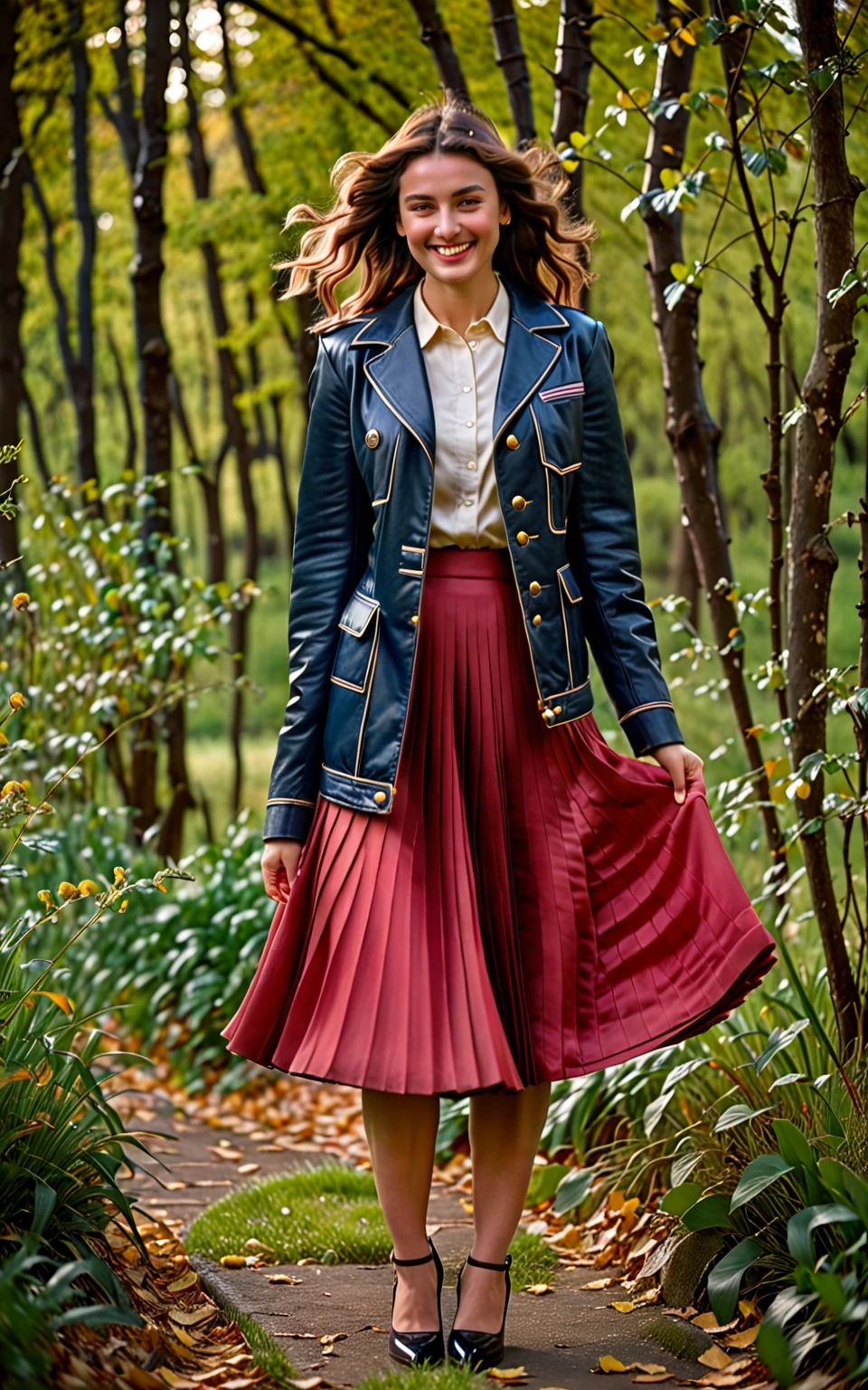 A smiling, authentic, (shy:1,3), kind, beautiful woman, is passionately in love with her skirt, wind wildly lifts her skirt, wearing uniform jacket and very, very detailed (long (fully pleated) full circle skirt) and (low heeled court shoes), very, very intricate hyper-detailed symmetric (attractive graceful young feminine face) with (sad, tired eyes and a loving smile), very voluptuous breasts, full of empathy and compassion and love, (pronounced (feminine) features), (highly detailed ultra accurate realistic) hands and fingers, (windy), epic composition, highly detailed attributes, (35mm f1.4 Kodak portra 400 photograph), extremely high quality RAW photograph, highly detailed atmosphere, sci-fi, cinematic shot, dynamic lighting, 75mm, Technicolor, Panavision, cinemascope, sharp focus, fine details, 8k, HDR, realism, realistic, key visual, film still, superb cinematic color grading, depth of field