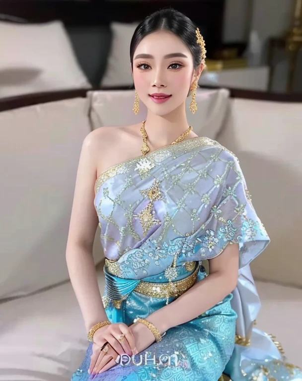 a close up of a woman in a pink dress with a gold ผ้าคลุมไหล่, Sukhothai dress, traditional beauty, Covered with purple and gold silk., Decorated with purple and gold silk., Niwan Chandra, traditional art, traditional outfit, According to Thawan Duchanee's style, Wear elegant clothes, Shawl. Araffe woman in gold dress. Araffe woman, ผู้หญิงlong hairชาวเอเชียตะวันออกเฉียงใต้ที่มีใบหน้ากลม, Large bust measures 38 inches., Warm light, morning sun, long hair,black eyes,abdominal muscles, The body is beautiful and strong., thick hips, rounded chest, (digital painting, HDR, high contrast), 3d, 8K, 45,000,000 pixcls,Asian girl, Gorgeous Chinese model, Japanese model, beautiful asian woman, Japanese goddess, Very beautiful girl., beautiful young woman, very beautiful woman, Attractive and beautiful, sexy girl, Asian girl, beautiful female model, jaw-dropping beauty, Attractive, sexy, seductive face and body