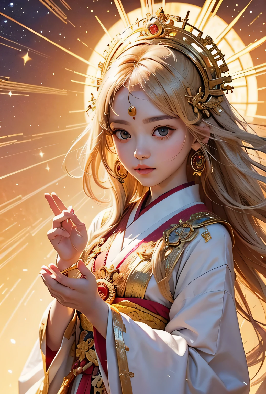 "Child of the Sun, Goddess of Love": Within a sacred sanctuary bathed in sunlight, depict the figure of a sun goddess who governs love, facing forward and emanating divine radiance. She is a , around . Zoom in to focus on her face, with a gleaming orb of light in her hands, representing the life-giving power of the sun. Her hair is shimmering gold, and she is wearing a traditional miko outfit as seen in Japanese shrines. The background should be predominantly gold, evoking a sense of divine splendor, with numerous heart-themed objects expressing the beauty of love. The setting is in heaven, enveloped in soft, bright light, where one can find tranquility and peace of mind, free from any trace of anxiety.Straight-on.