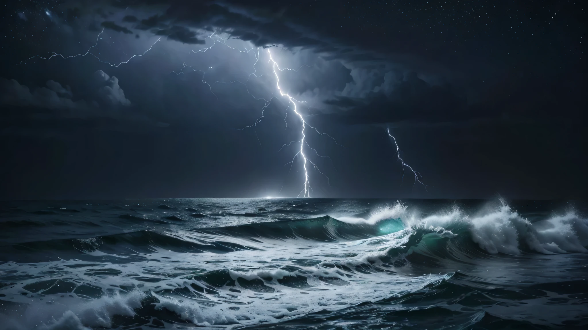 roughest ocean possible in a lightning storm, with the giant moon lighting up the night sky