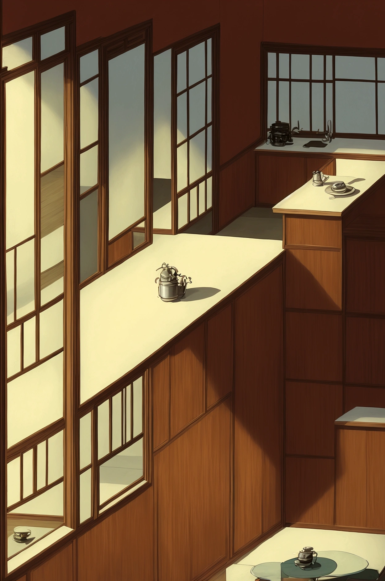 A photo of the dining room table with white plates and a gray straw bowl full of silver, black, and brown accented colored balls on top. In front is an open kitchen area with modern cabinets and a glassy countertop. There is also a sofa in the corner. A home inside the Starlight Beach apartment complex called Heartstone at Spring has Persian beige walls. The camera angle should be straight-on, capturing both rooms in the style of Spring, 8k, super detail, best quality