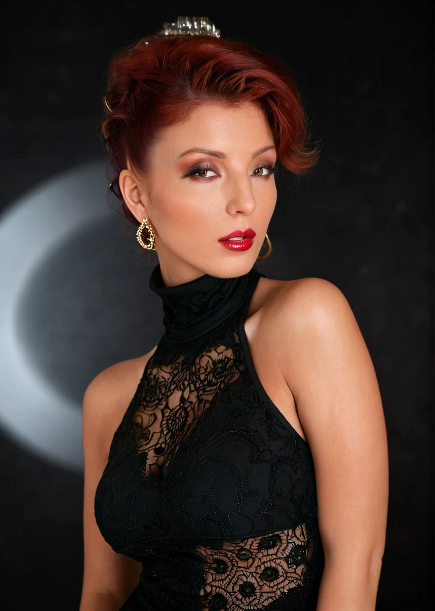 glamorous photo of a captivating masterpiece of an woman in a ((((black neckholder dress with turtleneck)))) ,long earrings, necklace, half body, The intricate lace and gold details exude a very rebellious aura. ((The use of high-shine gloss adds a touch of glamour to the look)), ((while the deep red and black hues give it a dramatic vibe)), blurred background, studio ligthing, facing camera, shallow depth of field,    high fashion, luxurious, extravagant, stylish, sensual, opulent, elegance, stunning beauty, professional, high contrast, detailed,rouge 