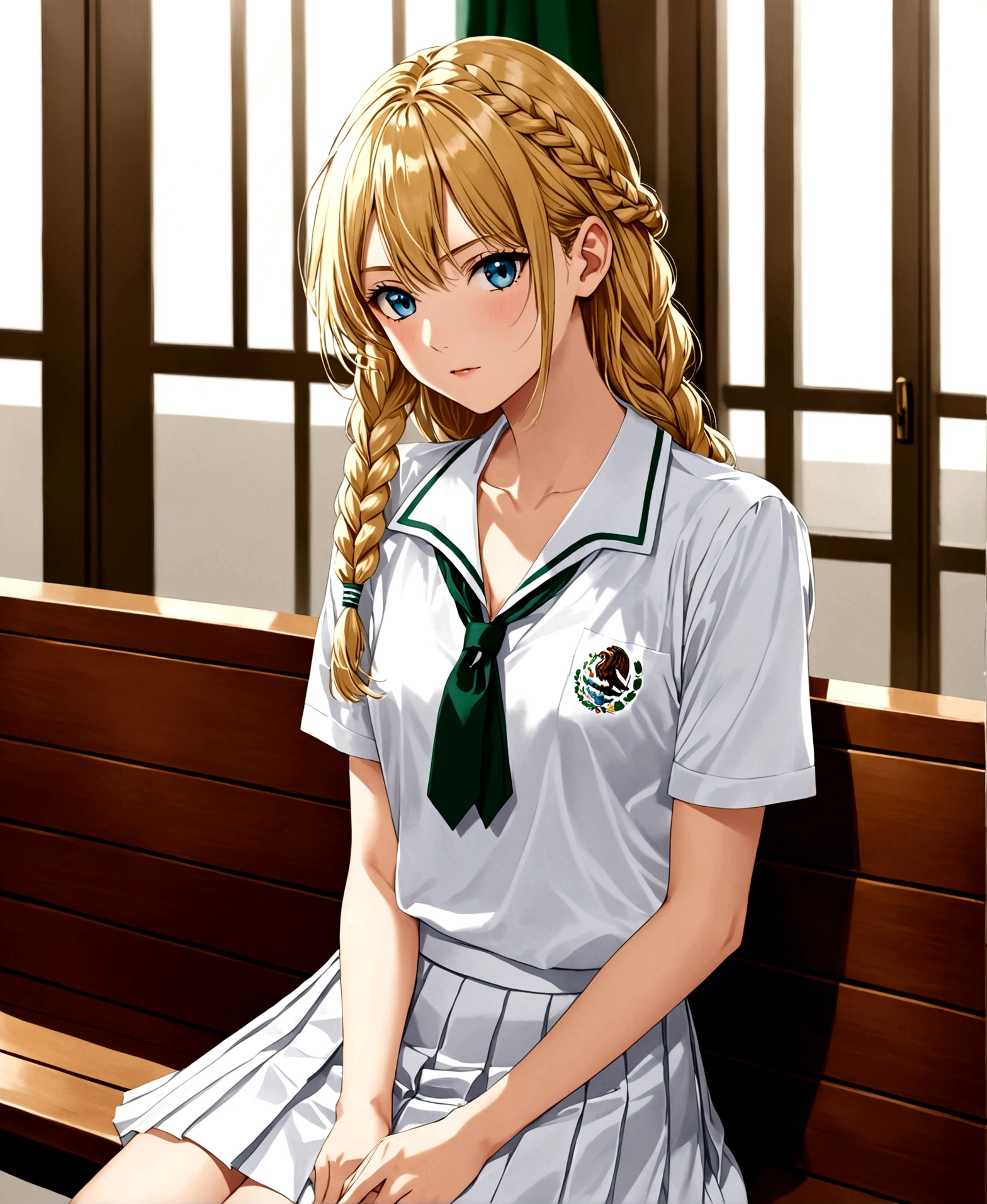 At a prestigious private school, sitting on a bench in the hallways, /(perfect and detailed hands, highly detailed and perfect fingers, perfect and detailed triangular face, beautiful, perfectly proportioned and highly detailed body,), /(a beautiful high school at a very prestigious private school in Mexico, 17 years old,), /(serious expression on his face, long golden blond hair braided in a braid, white skin, with perfect and detailed blue eyes), /(High-cost, luxurious school uniform: white V-neck blouse with short sleeves, long white skirt with pleats and green square patterns),