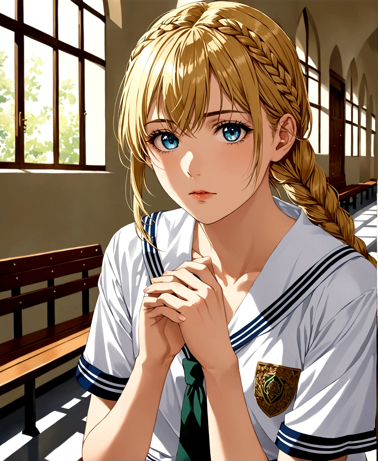 At a prestigious private school, sitting on a bench in the hallways, /(perfect and detailed hands, highly detailed and perfect fingers, perfect and detailed triangular face, beautiful, perfectly proportioned and highly detailed body,), /(a beautiful high school at a very prestigious private school in Mexico, 17 years old,), /(serious expression on his face, long golden blond hair braided in a braid, white skin, with perfect and detailed blue eyes), /(High-cost, luxurious school uniform: white V-neck blouse with short sleeves, long white skirt with pleats and green square patterns),