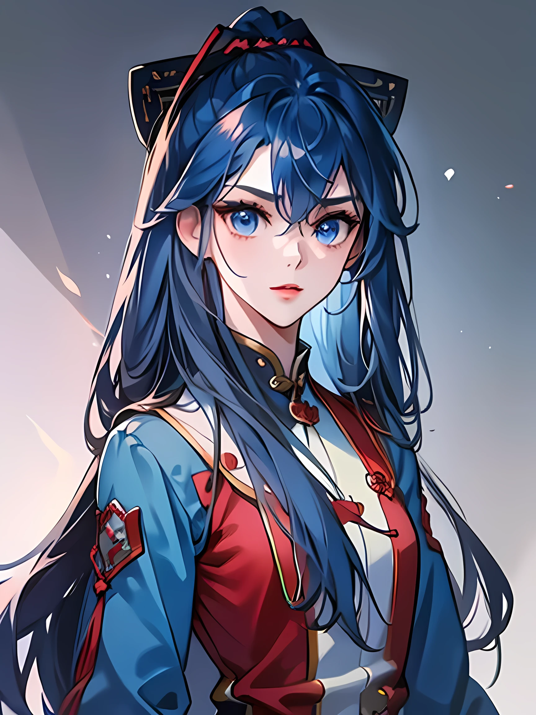 Masterpiece, Best quality, 1 Tang Wu Tong, the expression is cold, strong, blue eyes, long hair, smoky mix navy blue color hair, resolute eyes, red lips, simple uniform, Chinese mix morden, frontal photo, black or white background, simple background, anime, illustration, hafl body