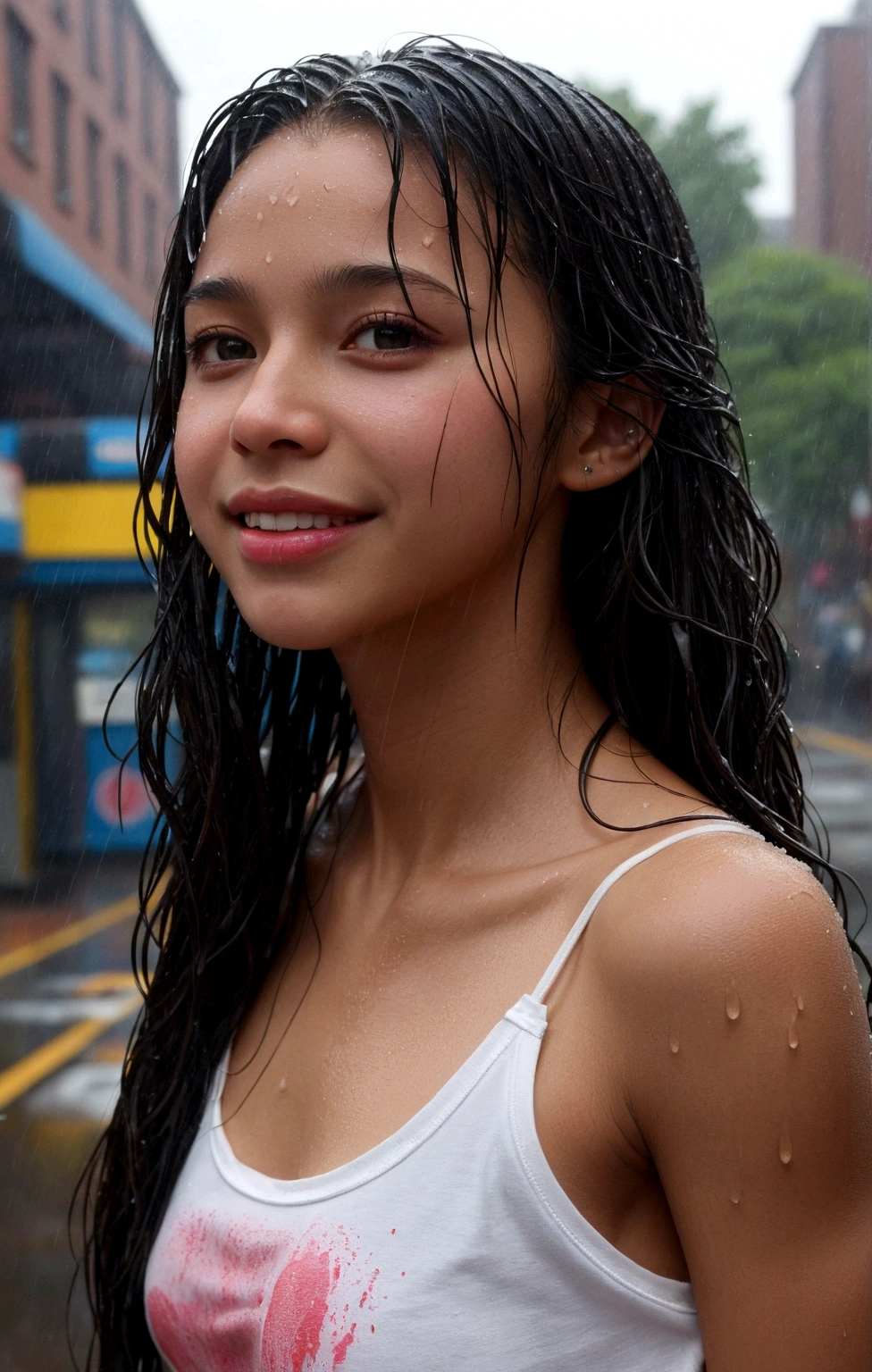 Young girl, around 12 years old, dancing joyfully in the rain, white dress clinging to her body revealing bare feet, curly hair plastered to her face, smiling with open mouth showing white teeth, gentle freckles on her nose, sparkling eyes reflecting the rain, dressed in simple, pure garments, realistic capture, high definition image.

Girl, young, joyfully twirling in the pouring rain, dressed in an ethereal, white dress that flows around her, creating ripples in the water, long, wavy hair framing her face, forehead glistening with droplets, deep-set brown eyes sparkling with excitement, natural, realistic rendering, clear