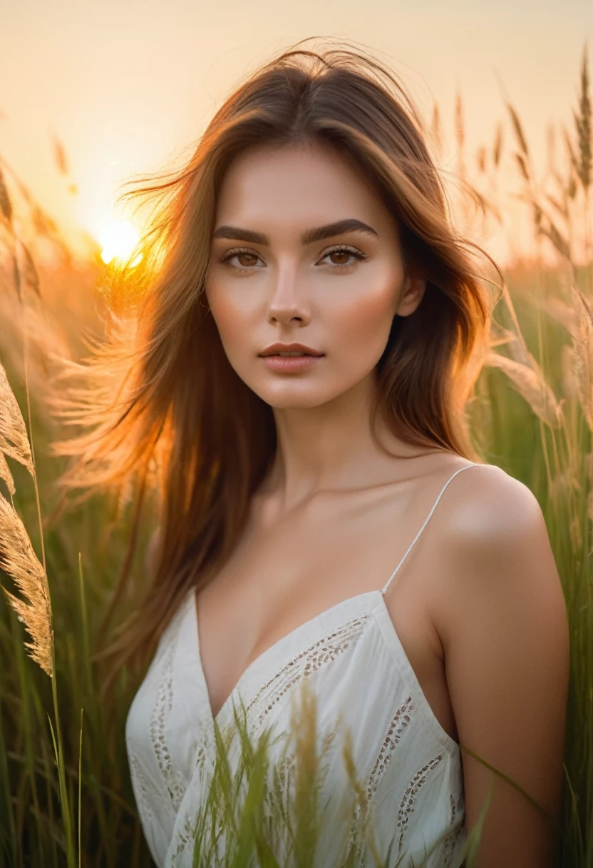 a woman standing in a field of tall grass with the sun setting, gorgeous woman, cinematic beautiful natural skin, attractive woman, attractive girl, photo of a beautiful woman, gorgeous attractive face, extremely beautiful face, in a field, beautiful female model, portrait of a beautiful model, soft portrait shot 8 k, beautiful delicate face, a beautiful young woman, attractive beautiful face