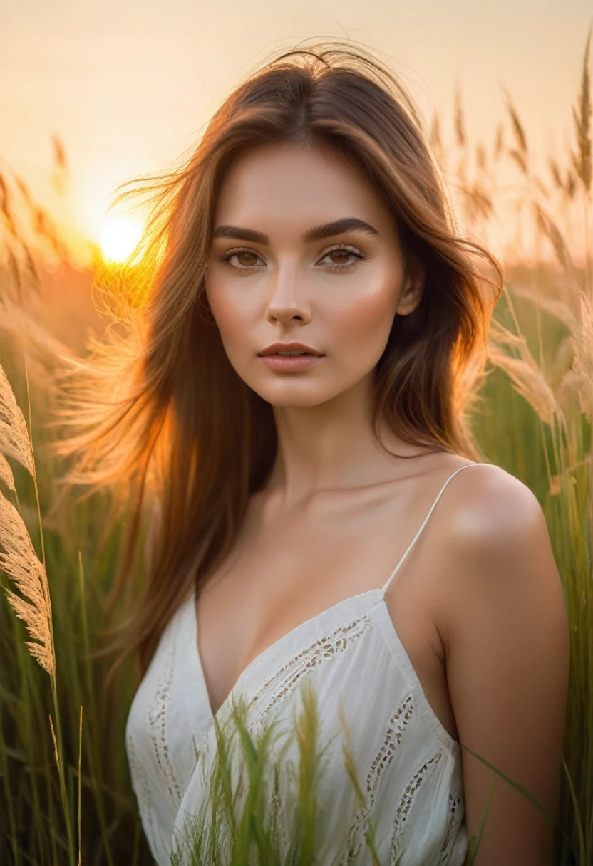 a woman standing in a field of tall grass with the sun setting, gorgeous woman, cinematic beautiful natural skin, attractive woman, attractive girl, photo of a beautiful woman, gorgeous attractive face, extremely beautiful face, in a field, beautiful female model, portrait of a beautiful model, soft portrait shot 8 k, beautiful delicate face, a beautiful young woman, attractive beautiful face