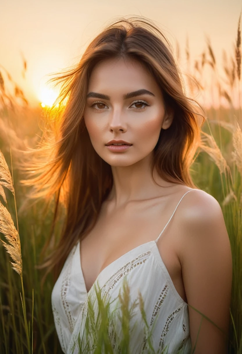 a woman standing in a field of tall grass with the sun setting, gorgeous woman, cinematic beautiful natural skin, attractive woman, attractive girl, photo of a beautiful woman, gorgeous attractive face, extremely beautiful face, in a field, beautiful female model, portrait of a beautiful model, soft portrait shot 8 k, beautiful delicate face, a beautiful young woman, attractive beautiful face