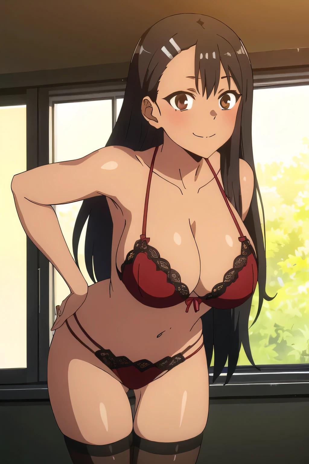 (extremely detailed CG unity 8k wallpaper), (masterpiece), (best quality), (ultra-detailed), (best illustration), (best shadow), (absurdres), 1girl, solo, pefrect face, perfect eyes,,nagatoro hayase, hair ornament, brown eyes, hairclip, ,dark skin, black hair, long hair, evil smile, skin fang, red lace lingerie, huge , shining breasts the camera, shining breast, black highs, standing, bent front, bent over